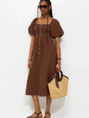 Vestido Midi Marrón Chocolate Botones